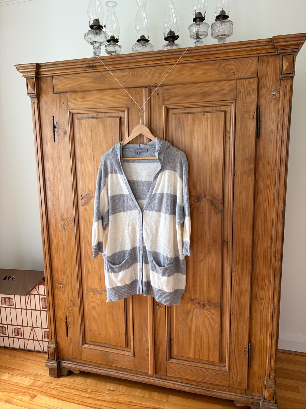 360 Sweater Cashmere Gray and Cream Striped Hooded Cardigan